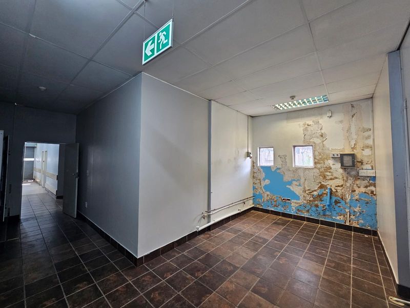 An empty utility or service area featuring tiled flooring, a suspended ceiling, and significant wall surface damage requiring repair and repainting.