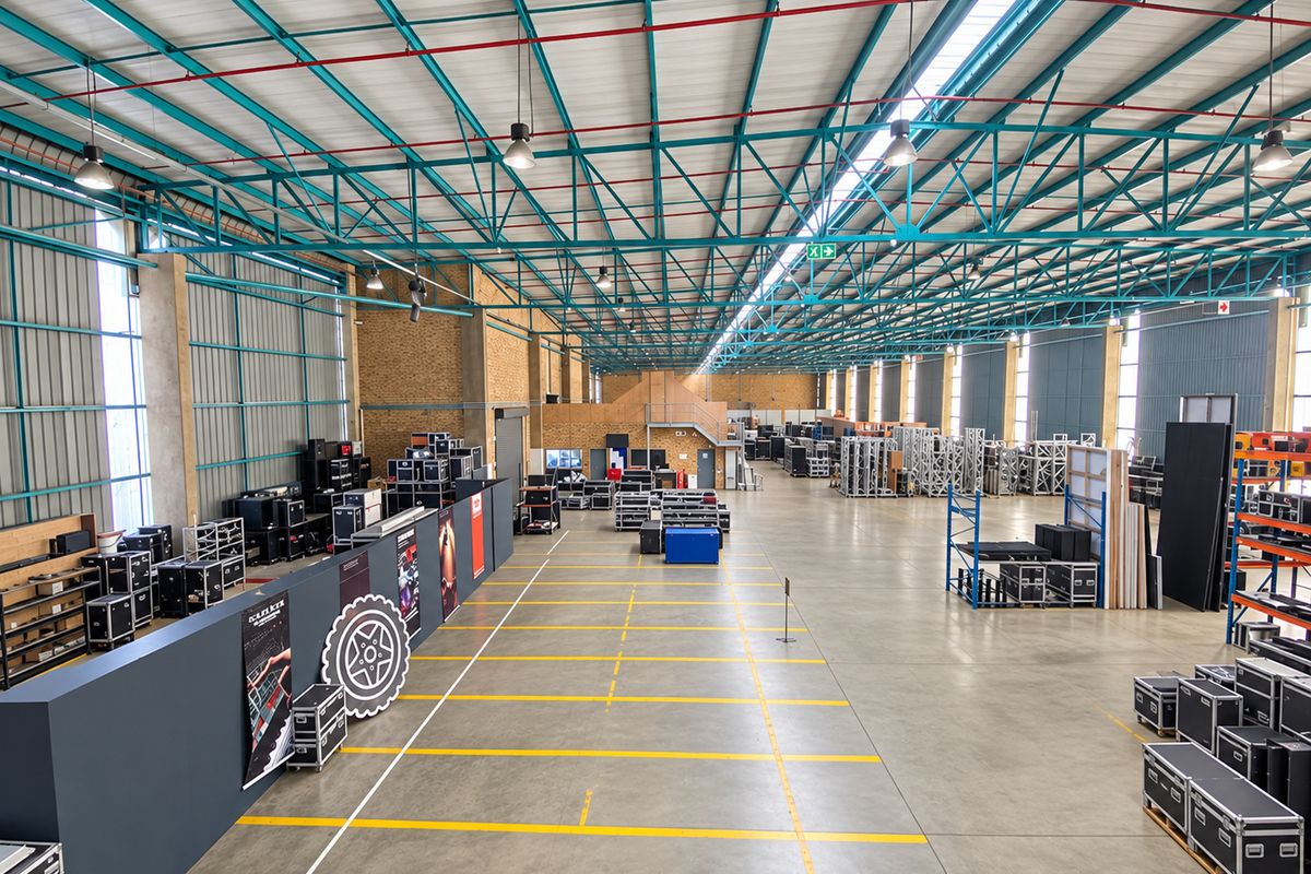Spacious industrial warehouse featuring high ceilings with exposed steel trusses, polished concrete floors, and integrated fire safety systems.