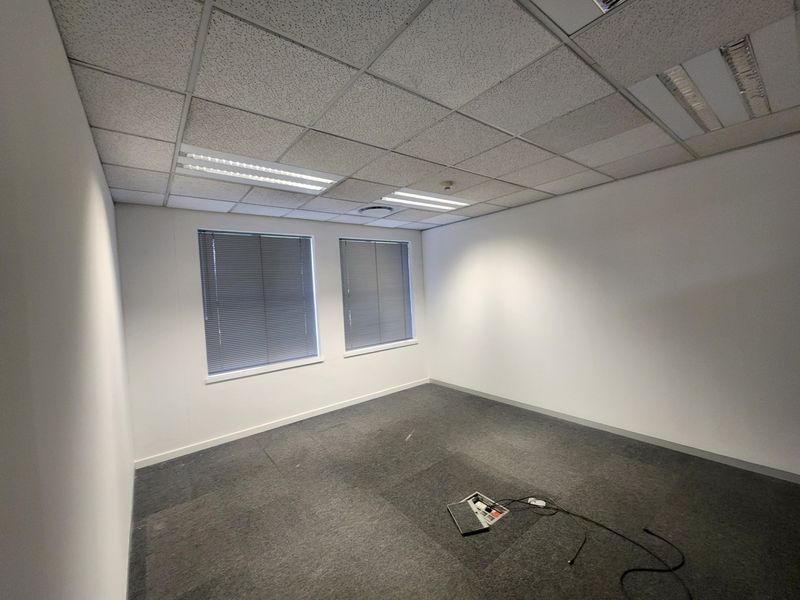 A vacant office space featuring a suspended ceiling with recessed lighting, carpeted flooring, and dual windows with fitted venetian blinds.