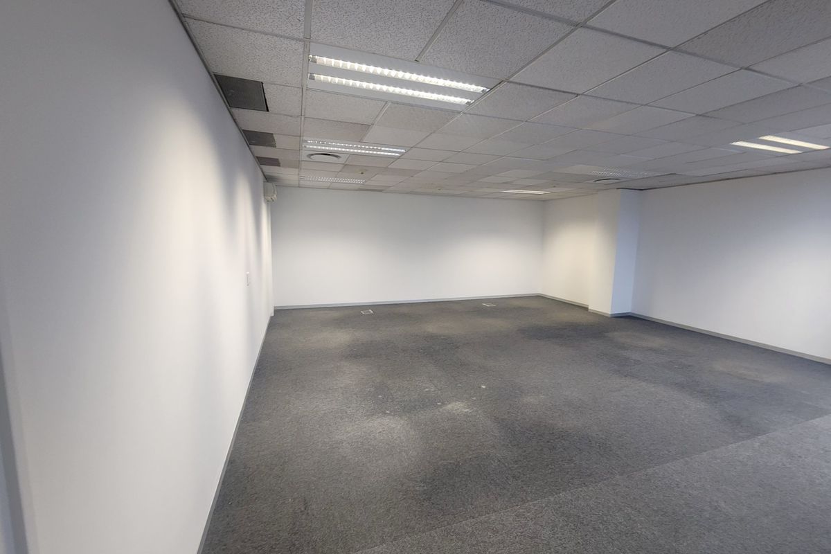 A spacious, empty office area featuring a suspended ceiling with recessed lighting and carpeted flooring, providing a clean, neutral workspace ready for customization.