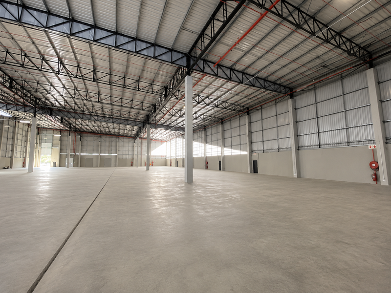 Spacious industrial warehouse featuring high ceilings with exposed steel trusses, polished concrete flooring, and integrated fire safety systems.
