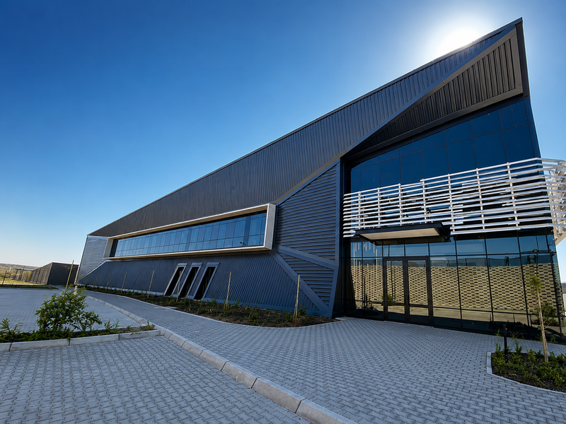 Modern industrial facility featuring striking dark metal cladding, extensive glass curtain walling, and integrated sunshades, set within a professionally paved exterior environment.