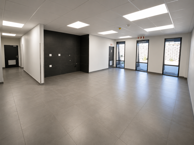 A spacious, modern open-plan industrial office area featuring neutral tiled flooring, a striking black feature wall, recessed ceiling lights, and large windows.