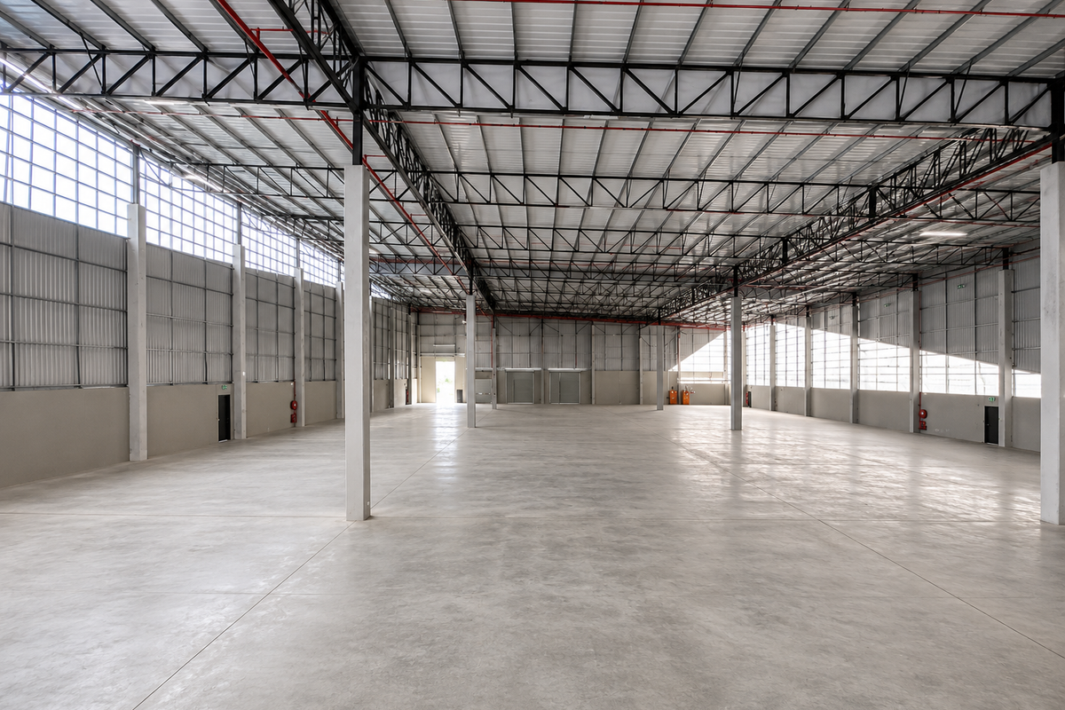 Spacious industrial warehouse featuring high ceilings with exposed steel trusses, polished concrete flooring, and extensive natural light through clerestory windows.