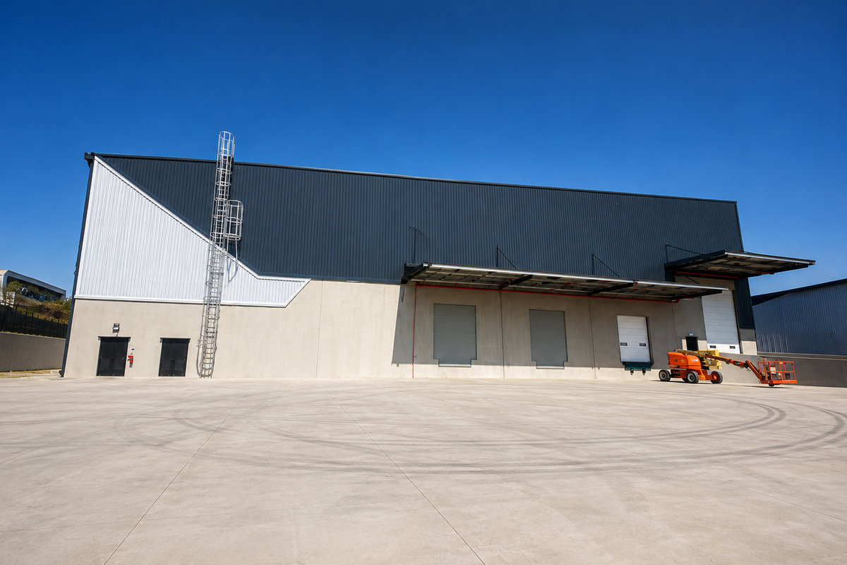 Modern industrial warehouse exterior featuring a large concrete yard, multiple roller shutter loading doors, and a protective canopy.
