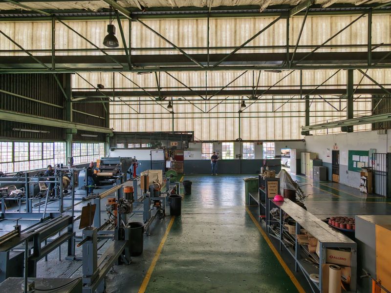 Spacious industrial warehouse floor featuring high ceilings with translucent roof panels, exposed steel trusses, and durable painted concrete flooring.