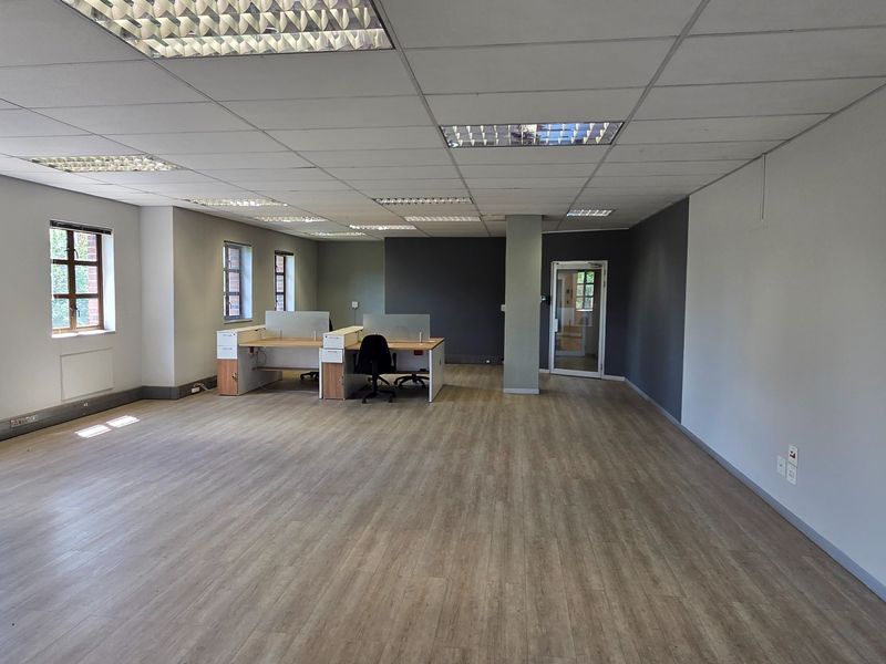 Spacious open-plan office area featuring modern laminate flooring, suspended ceilings with recessed lighting, and neutral wall finishes.