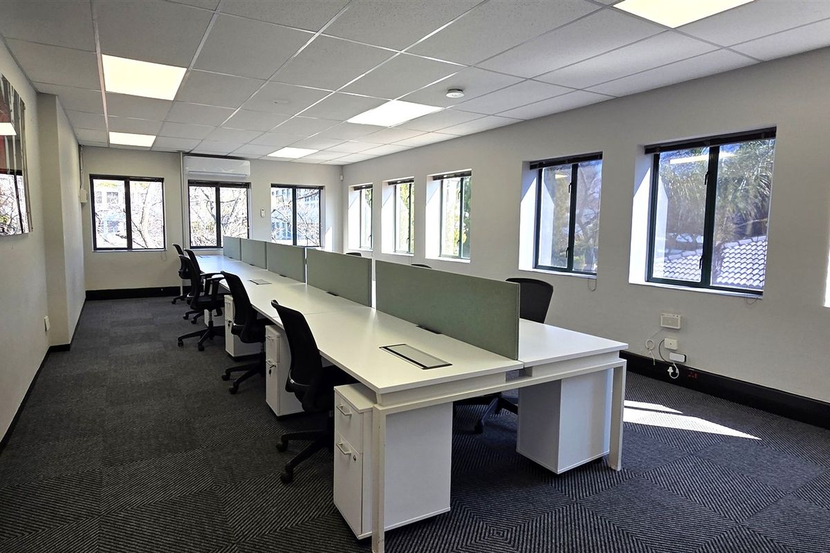 A bright, professional office space featuring carpeted flooring, suspended ceilings with recessed lighting, and large windows providing ample natural light.