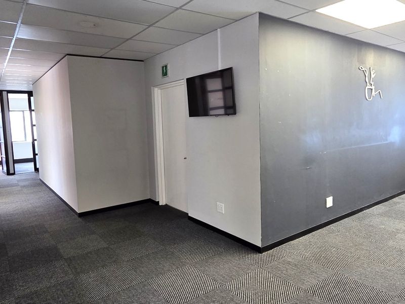 Open plan office space featuring suspended ceilings, recessed lighting, and durable carpet tiles, providing a functional and professional work environment.