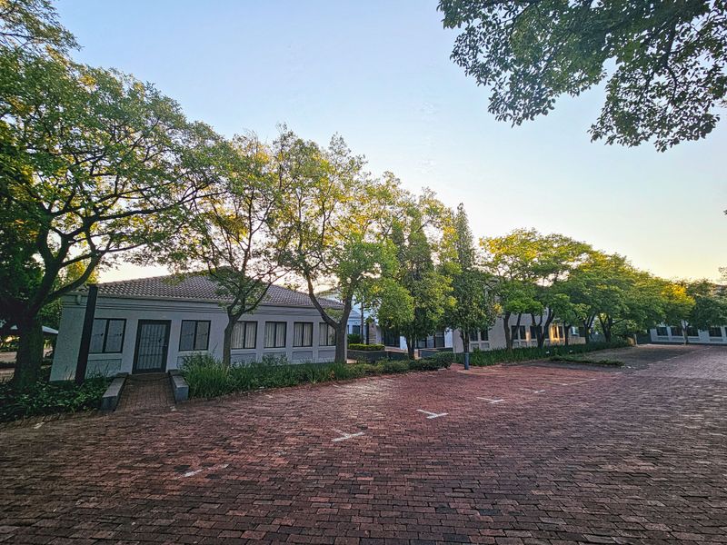 A well-maintained office exterior featuring a brick-paved parking area, mature trees, and a professional building facade with a tiled roof.