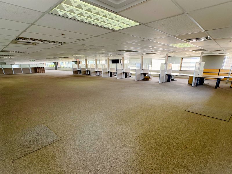 Spacious open-plan office area featuring suspended ceilings, recessed lighting, carpeted flooring, and built-in workstation partitions with large windows providing natural light.