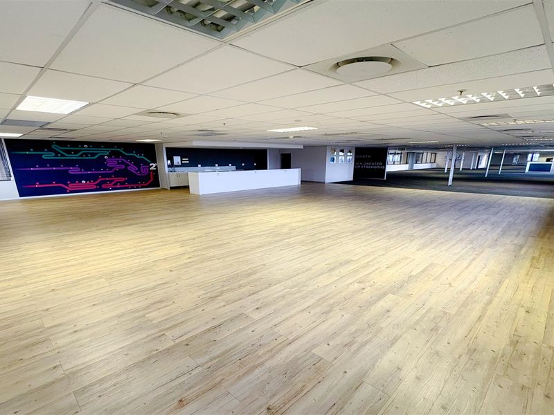 Spacious open-plan office area featuring light wood-look laminate flooring, suspended ceilings with recessed lighting, and a built-in reception counter.