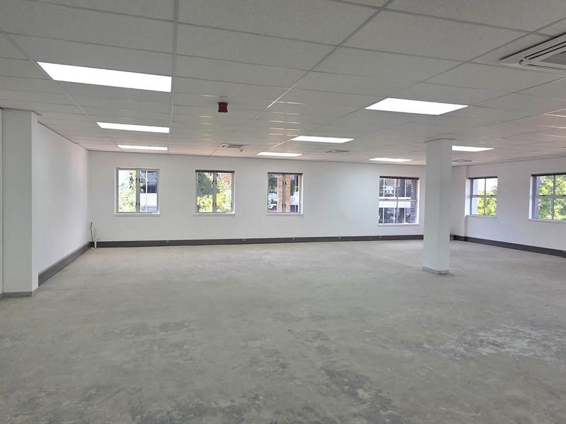 A spacious, open-plan office area featuring a suspended ceiling with recessed lighting, central air conditioning, and large windows providing ample natural light.