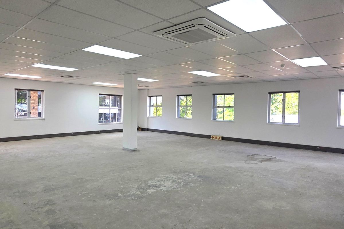 A spacious, open-plan office area featuring a suspended ceiling with recessed lighting, central air conditioning, and multiple windows providing natural light.