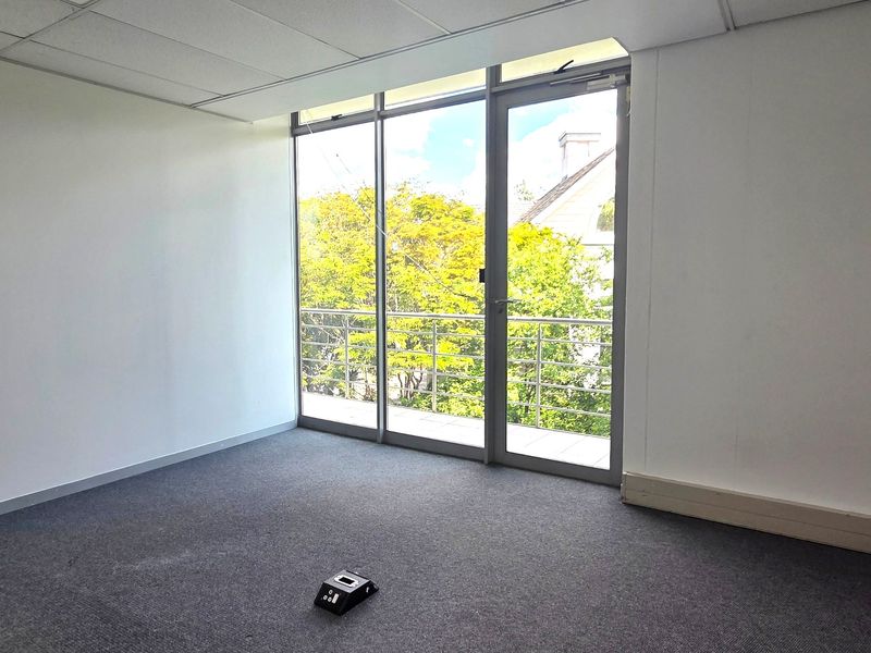 A bright, empty office space featuring a suspended ceiling, carpeted flooring, and large glass doors leading to a private balcony.