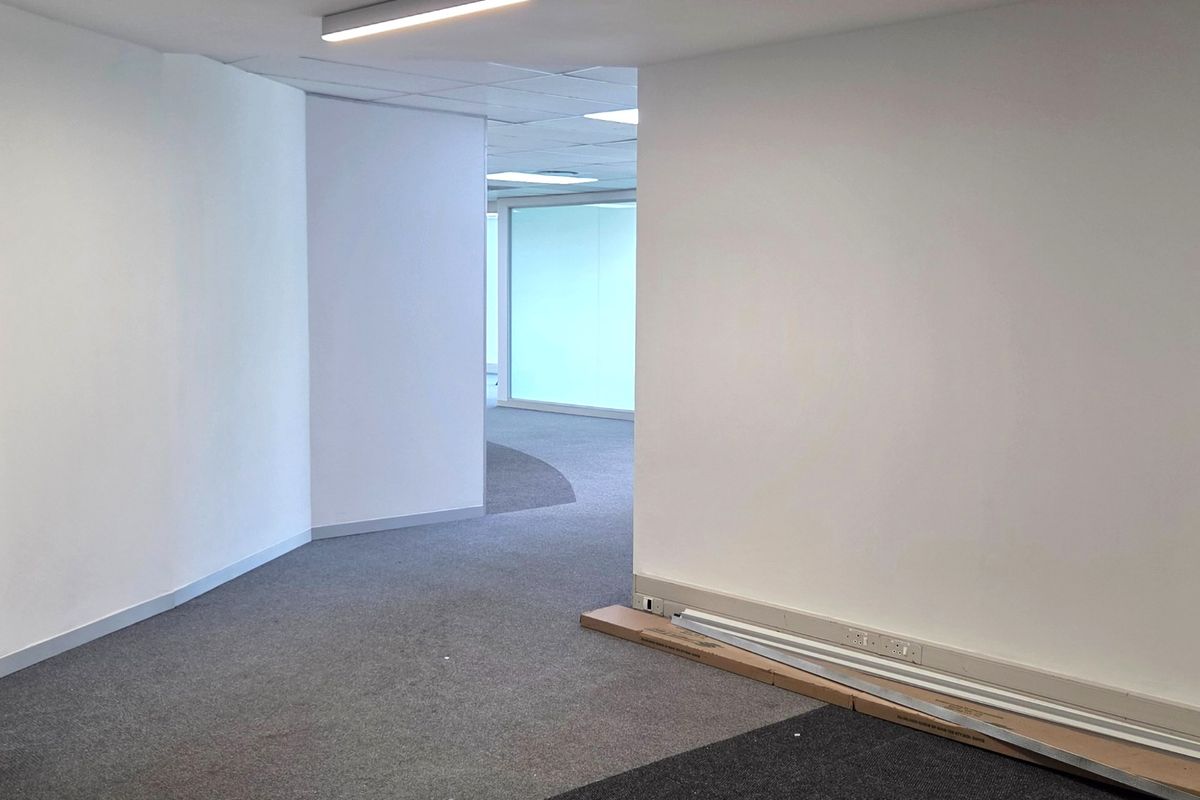 An empty, open-plan office space featuring neutral carpeting, recessed lighting, and glass partitions, providing a clean and versatile professional work environment.