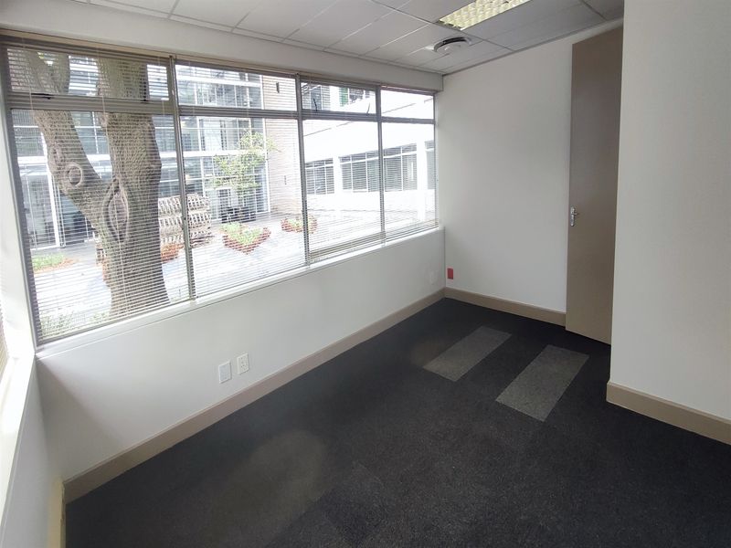 A vacant office space featuring large windows, carpeted flooring, and a suspended ceiling with integrated lighting and air conditioning.