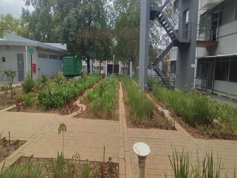 A well-maintained rear courtyard area featuring paved walkways, landscaped garden beds, and an external metal staircase providing access to the office building.