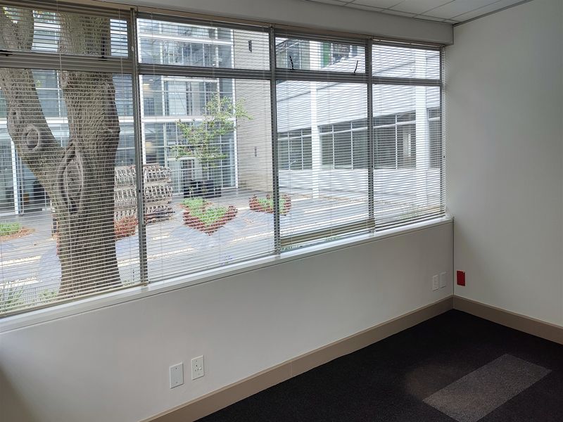 A bright, empty office space featuring large windows with venetian blinds, carpeted flooring, and integrated electrical and data connectivity.