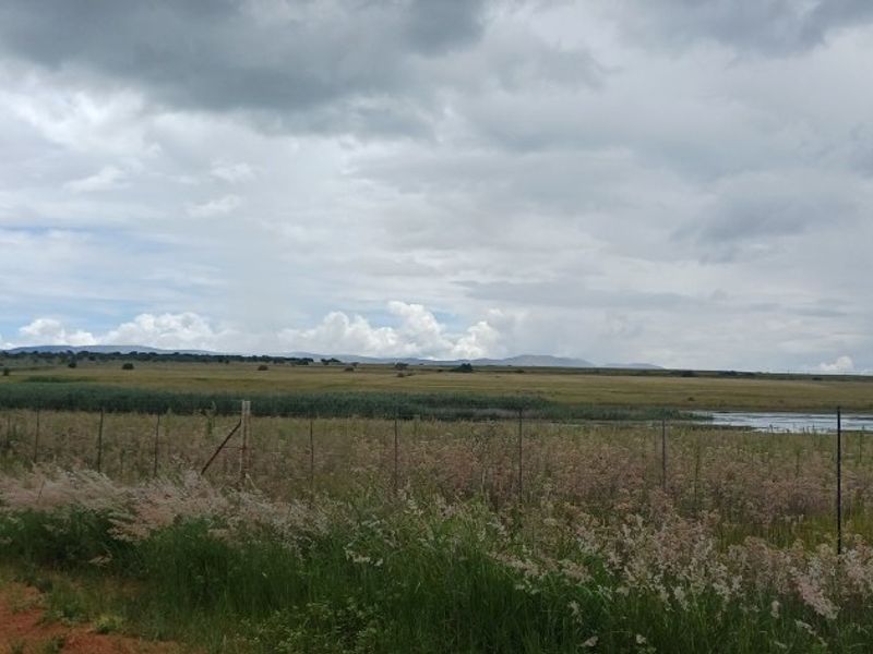 A scenic view of the expansive farm landscape featuring open fields, natural vegetation, and a distant water body under a cloudy sky.