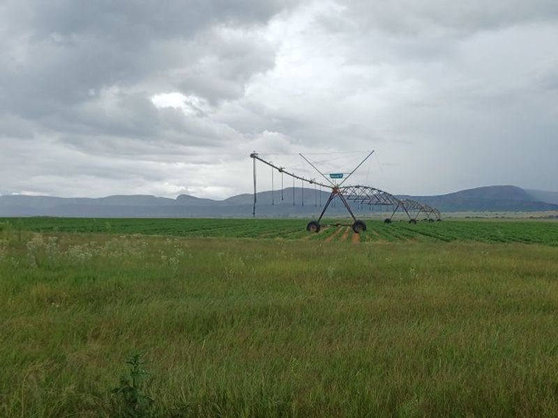 Expansive view of cultivated farmland featuring a center pivot irrigation system set against a mountain backdrop.