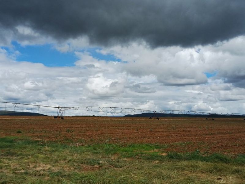 Expansive agricultural farmland featuring a large-scale center pivot irrigation system under a cloudy sky.