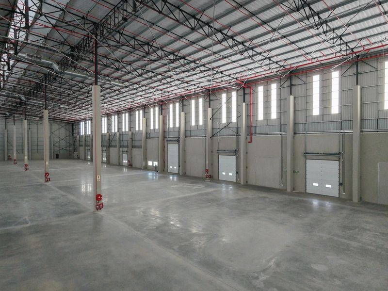Spacious industrial warehouse featuring high ceilings with exposed steel trusses, polished concrete flooring, multiple roller shutter doors, and integrated fire safety systems.