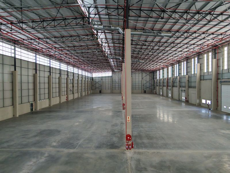 Spacious industrial warehouse featuring high ceilings with exposed steel trusses, polished concrete floors, fire suppression systems, and multiple roller shutter access points.