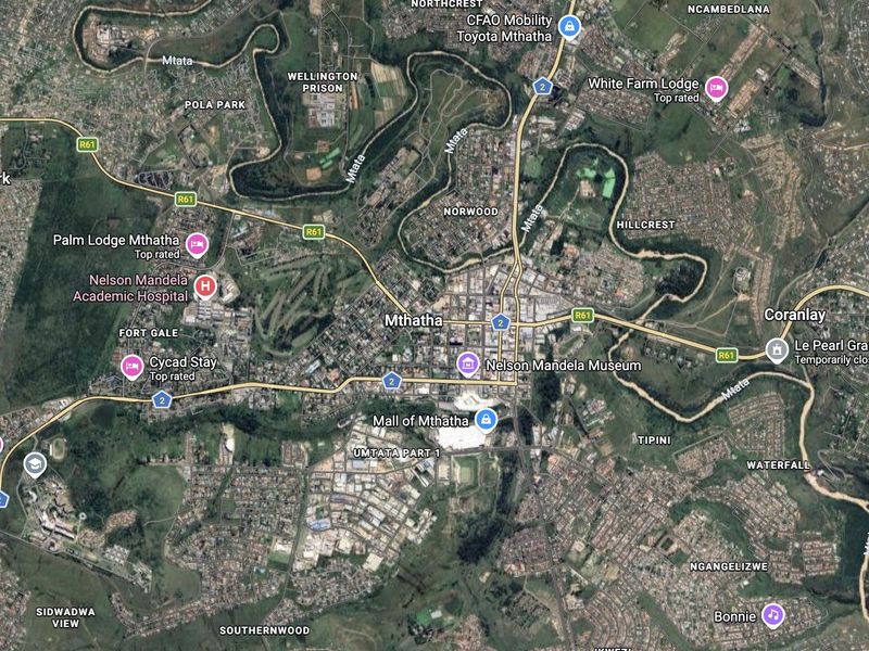 An aerial satellite view of the Mthatha area showing urban layout, road networks, and surrounding landscape features.