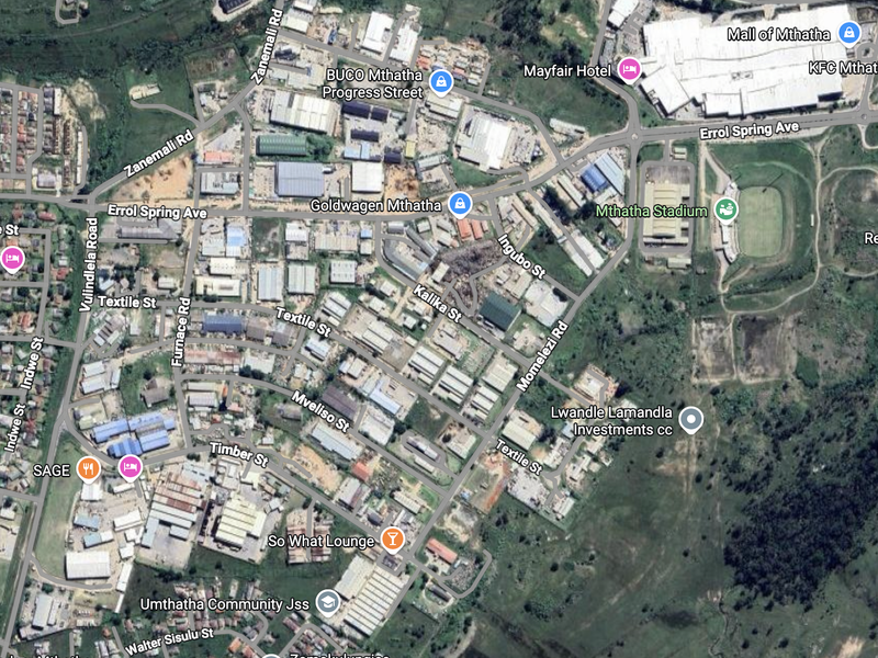 Aerial view of the commercial and industrial precinct in Mthatha, showing surrounding road networks and established business infrastructure.
