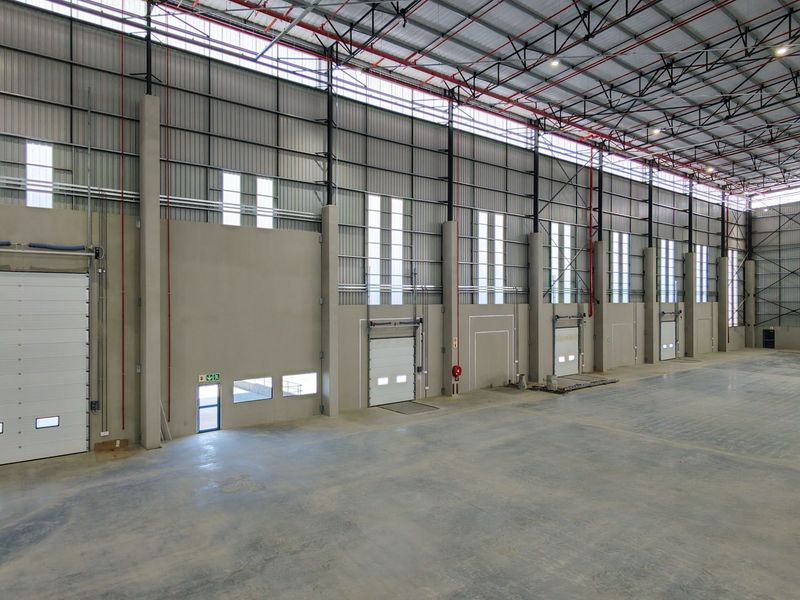 Spacious industrial warehouse featuring high ceilings, exposed steel trusses, multiple roller shutter doors, and durable concrete flooring, ideal for logistics or manufacturing operations.