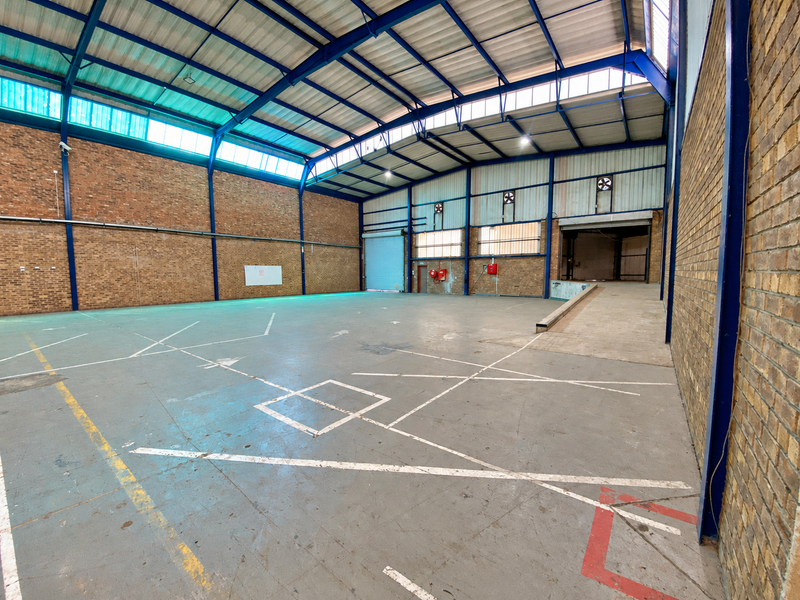 Spacious industrial warehouse featuring high ceilings, exposed steel structure, face brick walls, concrete flooring, a loading dock ramp, and roller shutter access.