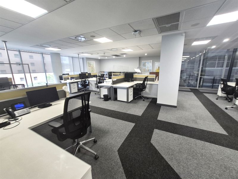 A modern, open-plan office space featuring suspended ceilings, recessed lighting, central air conditioning, and large windows providing ample natural light.