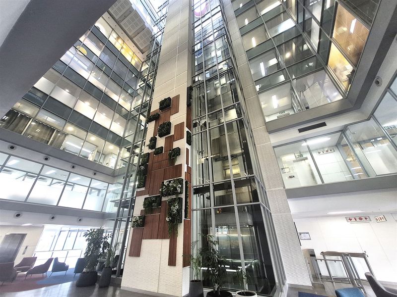 A modern, multi-story office building atrium featuring a central glass elevator shaft, extensive curtain wall glazing, and decorative wood paneling with integrated vertical planters.