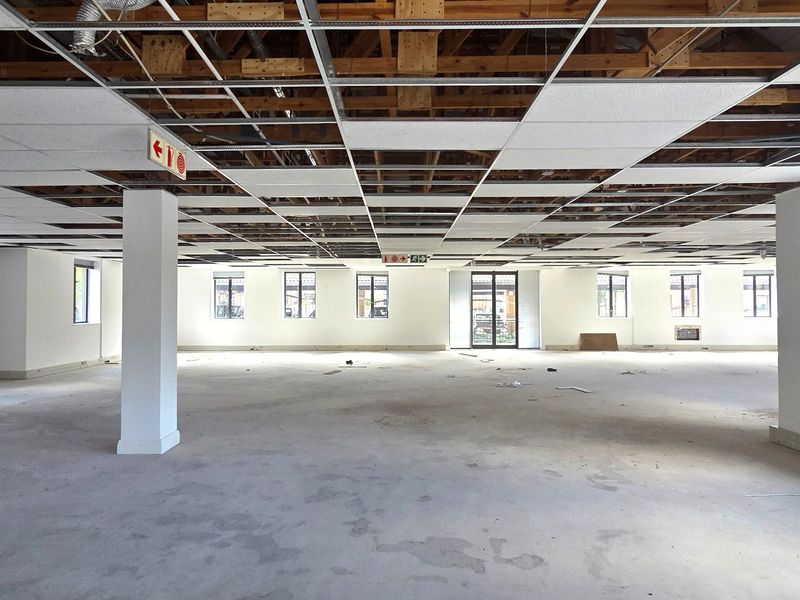 A large, open-plan office space currently undergoing renovation, featuring exposed timber roof trusses, a partial suspended ceiling grid, and concrete flooring.