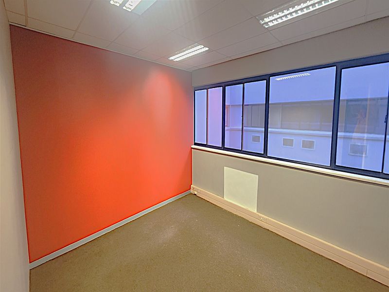 A vacant office space featuring carpeted flooring, a suspended ceiling with recessed lighting, and large windows providing natural light.
