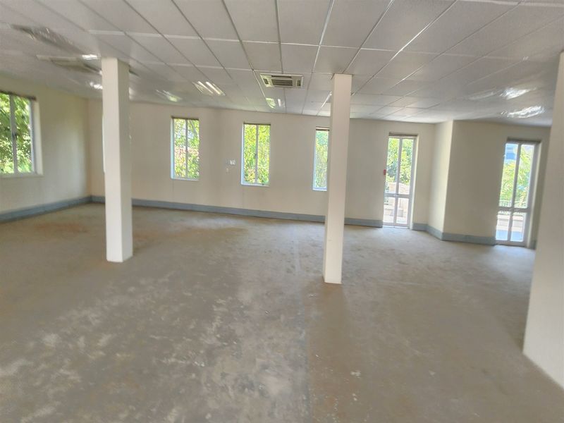 Spacious open-plan office area featuring a suspended ceiling, recessed lighting, central air conditioning, and multiple windows providing ample natural light.