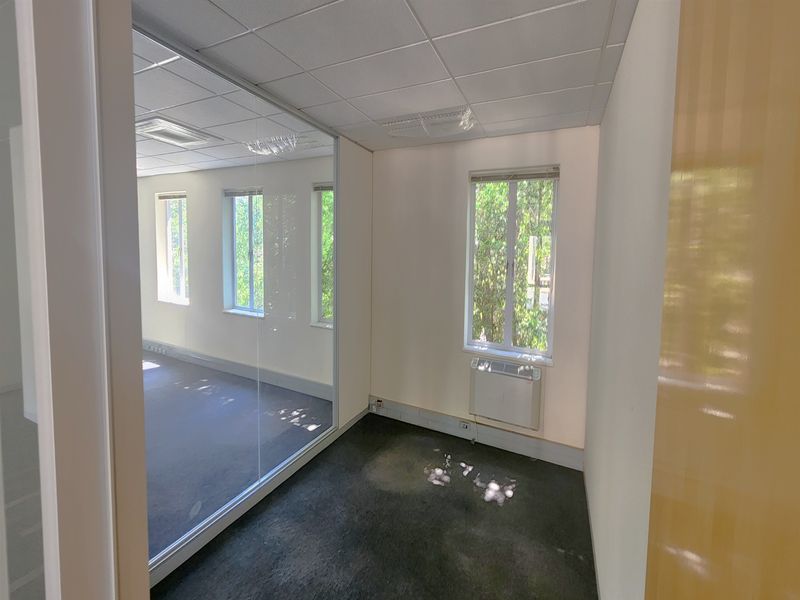 Empty office space featuring a glass partition wall, suspended ceiling, carpeted flooring, and an integrated HVAC unit with natural light from multiple windows.