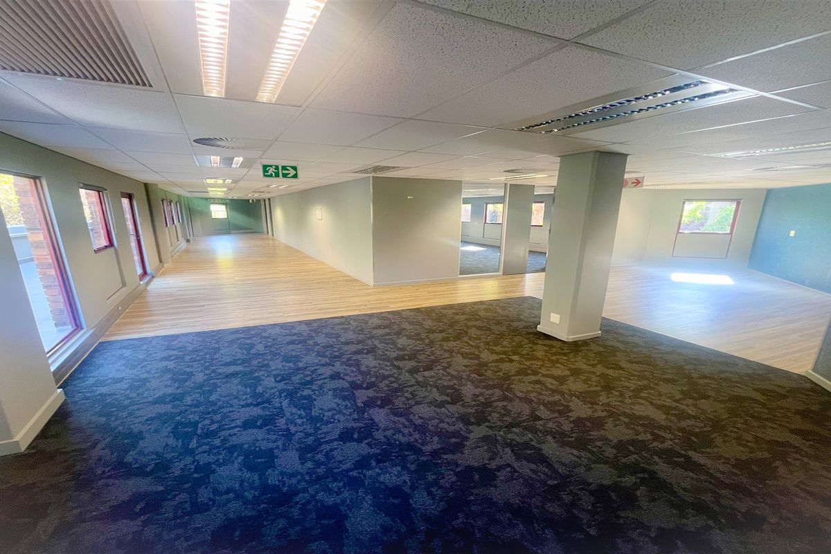 Spacious open-plan office area featuring a mix of carpet and laminate flooring, suspended ceilings with recessed lighting, and large windows providing natural light.