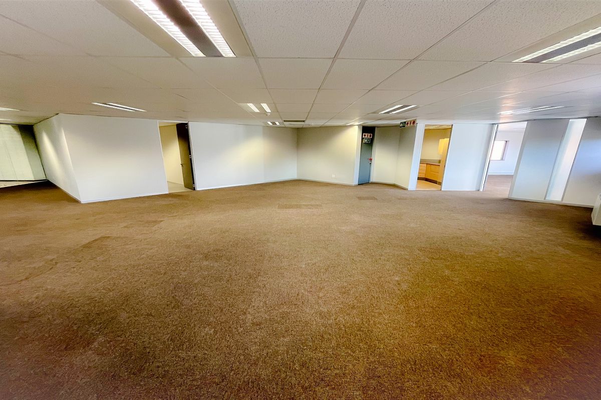A spacious, open-plan office area featuring a suspended ceiling with recessed lighting and carpeted flooring, offering a versatile workspace layout.