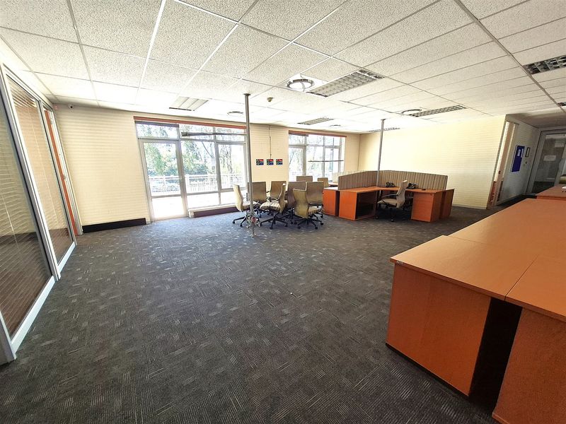 Spacious open-plan office area featuring carpeted flooring, suspended ceilings with recessed lighting, large windows for natural light, and integrated desk workstations.