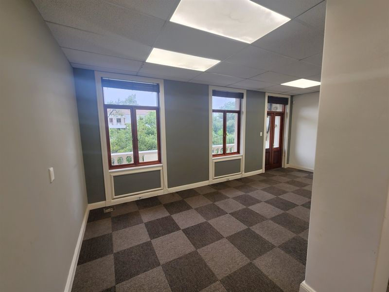 A bright, empty office space featuring a suspended ceiling, recessed lighting, carpet tiles, and large windows providing natural light and exterior views.