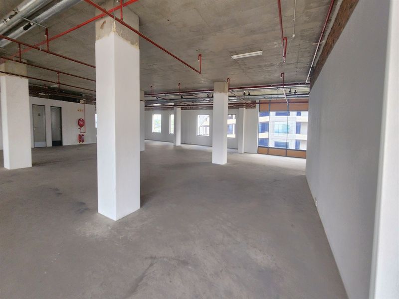 An expansive, open-plan office space featuring exposed concrete ceilings, structural columns, and large windows, currently in a shell condition ready for custom fit-out.