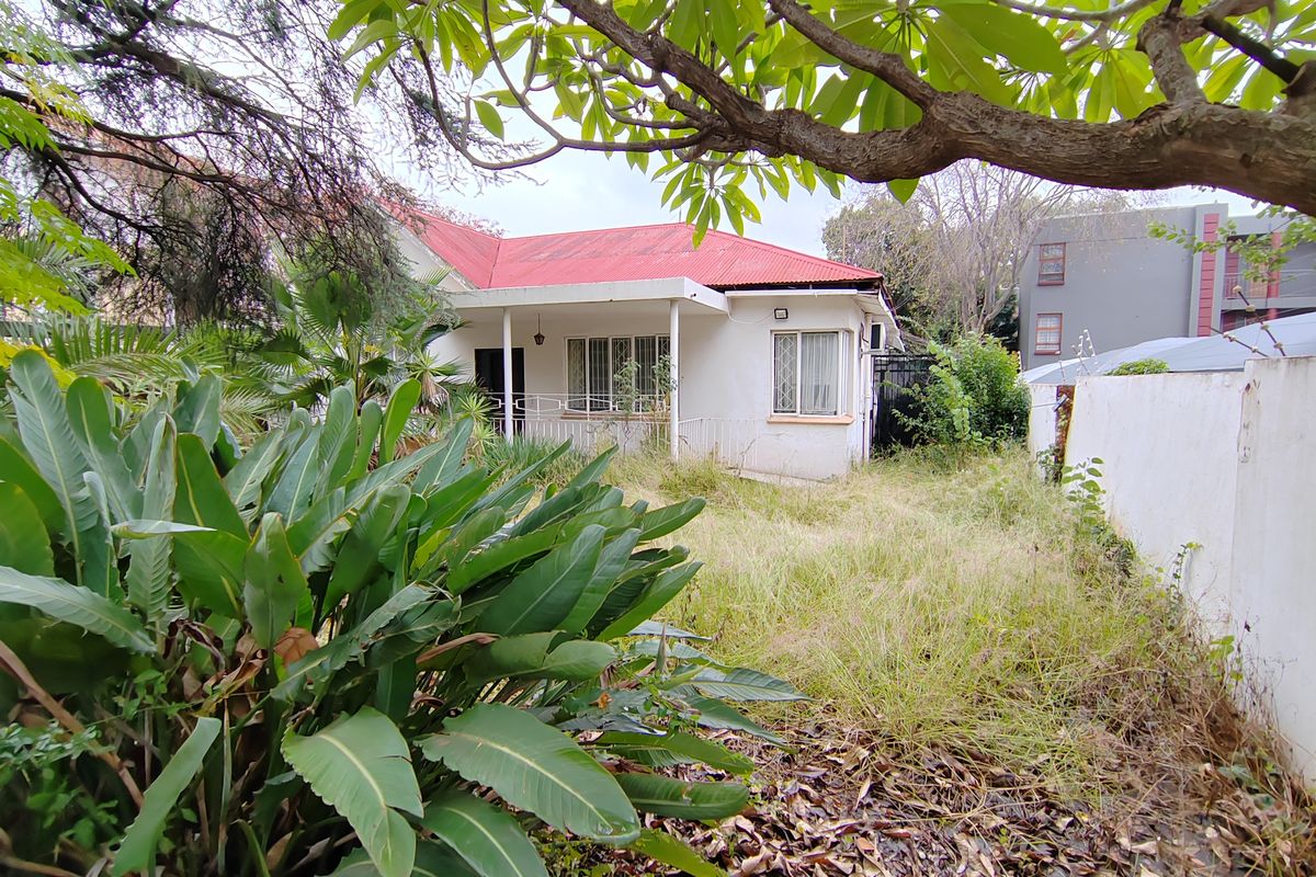 View of the rear exterior of the property featuring a covered patio, red metal roof, and an overgrown garden area.
