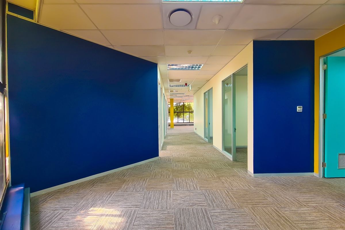 A bright, modern office hallway featuring carpet tile flooring, suspended ceilings with recessed lighting, and glass-partitioned office entrances.