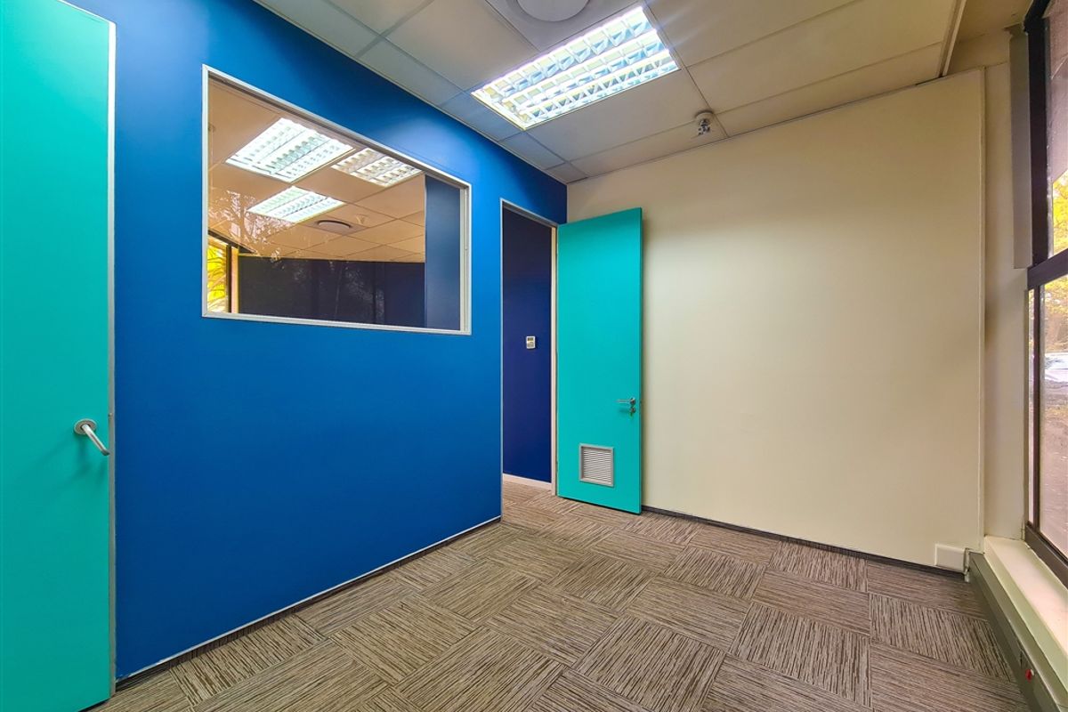 A bright, empty office space featuring carpet tiles, a suspended ceiling with recessed lighting, and a modern blue accent wall with an internal glass partition.