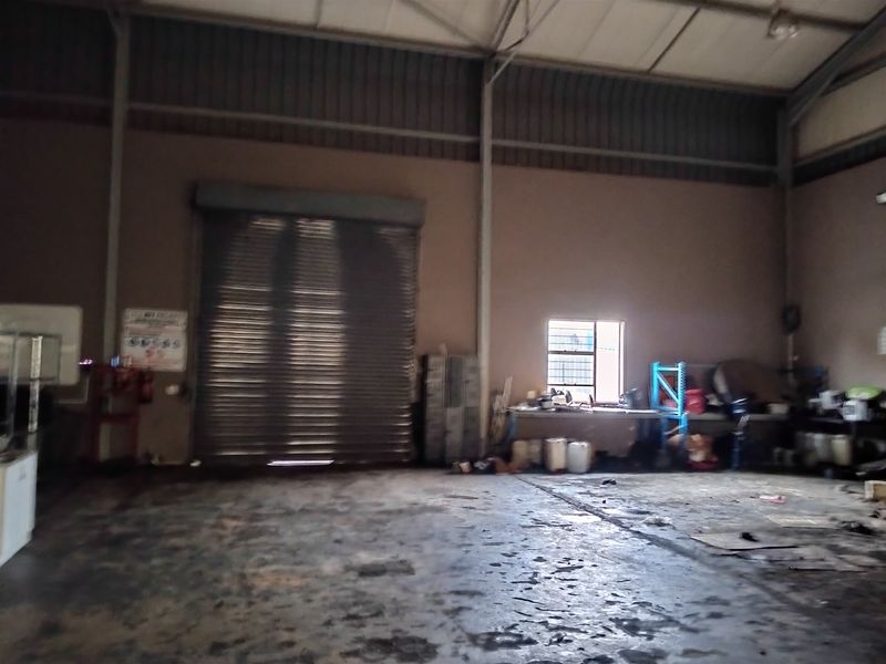 Spacious industrial utility area featuring a large roller shutter door, high ceilings with steel portal frame, and durable concrete flooring.