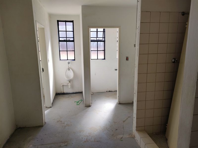 An industrial-style bathroom space featuring a wall-mounted urinal, tiled shower area, and steel-framed windows, currently in need of renovation and finishing.