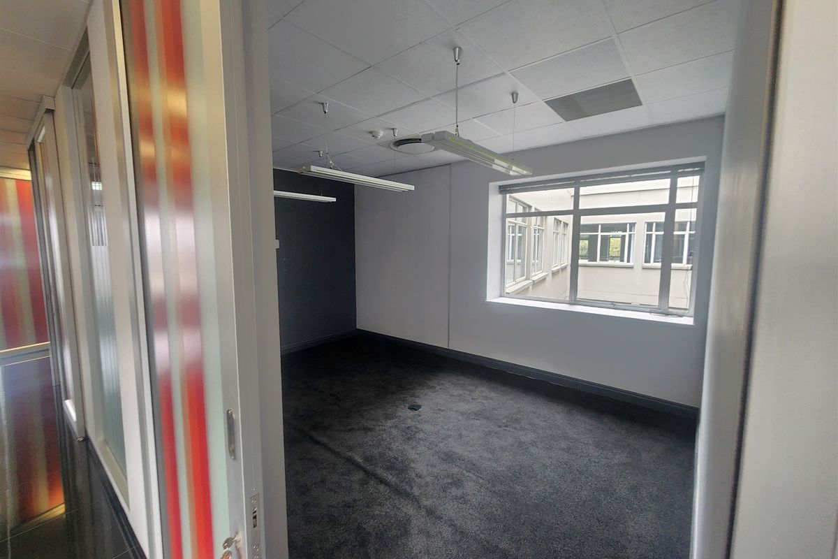 A vacant office space featuring dark carpeting, a suspended ceiling with integrated lighting, and large windows overlooking an internal courtyard.