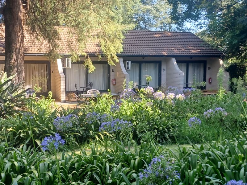 A view of the guest house rear elevation featuring multiple units with sliding glass doors, set within a lush, well-maintained garden landscape.